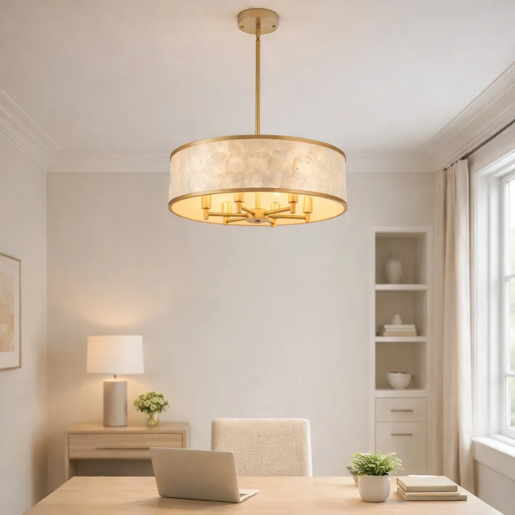 20" Gold Capiz Shell Drum Chandelier | Coastal Modern Light