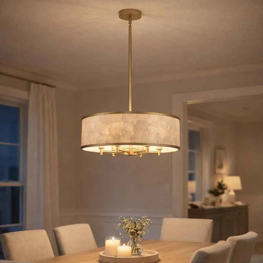 20" Gold Capiz Shell Drum Chandelier | Coastal Modern Light