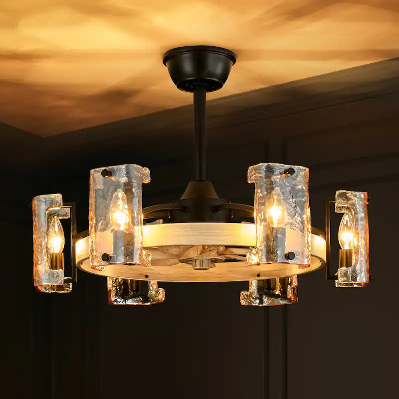 Rustic Farmhouse Wood Finish 6-Light Fandelier with Remote (26.4")