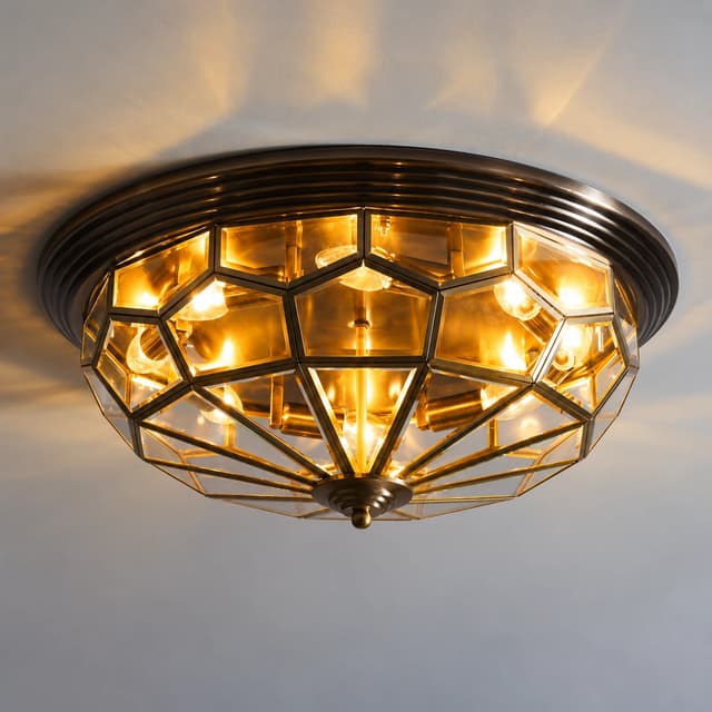 Tiffany style stained glass semi flush ceiling light with amber geometric glass panels and antique bronze metalwork