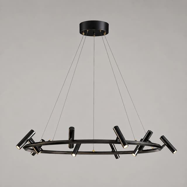Suspended black ring chandelier with directional cylindrical spotlights and clean contemporary metal frame