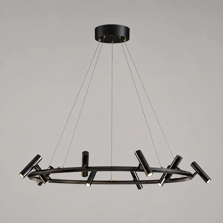 Suspended black ring chandelier with directional cylindrical spotlights and clean contemporary metal frame