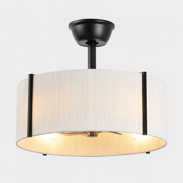 Black fabric drum shade ceiling fan with concealed blades and four light design