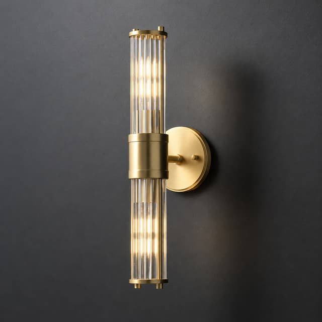 18 inch double ended brass finish glass rod wall sconce on a dark textured wall