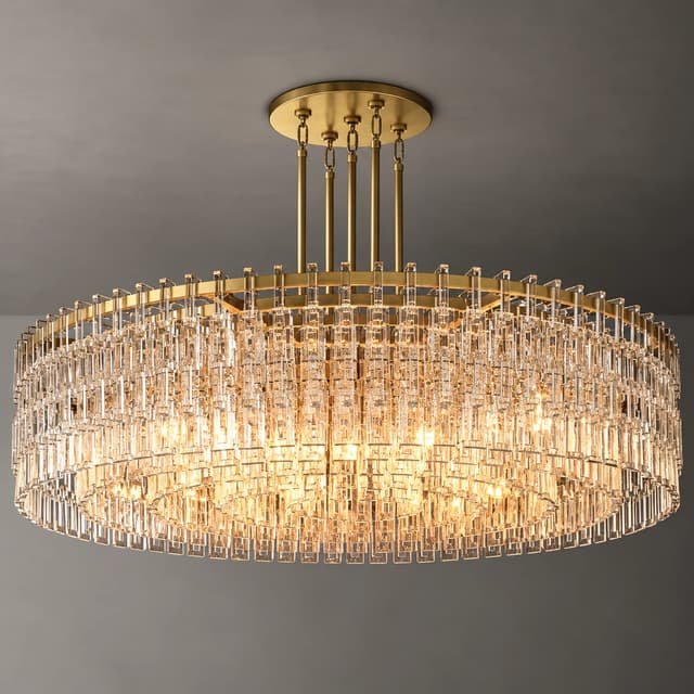 Gold finish layered drum chandelier with clear decorative accents and multiple suspension rods