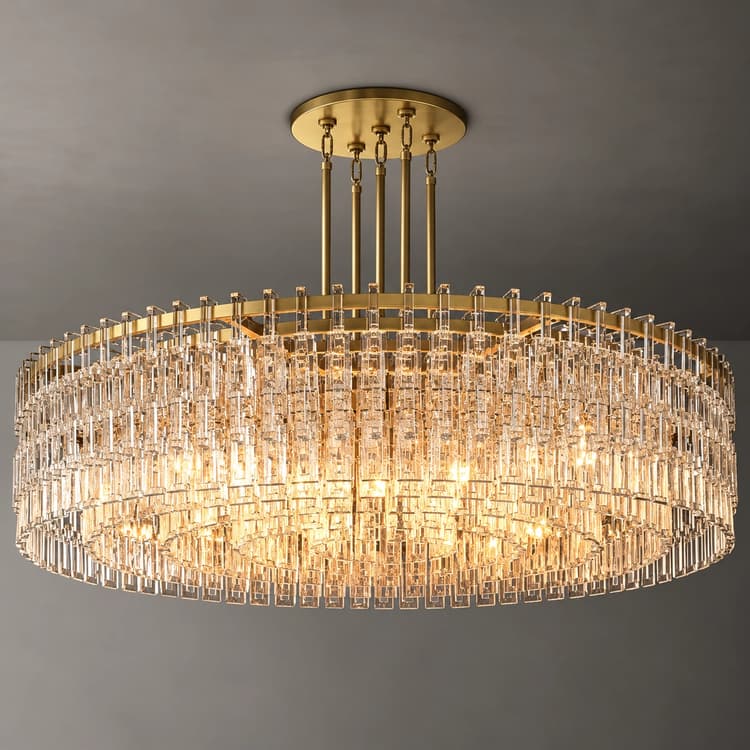 Gold finish layered drum chandelier with clear decorative accents and multiple suspension rods