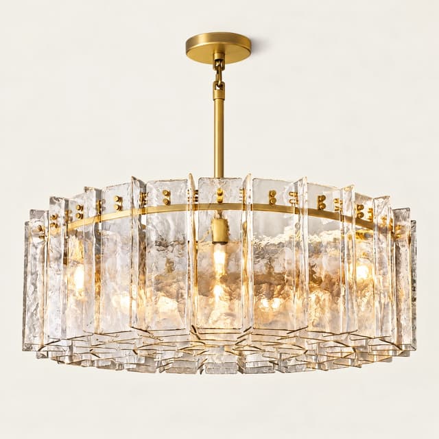 Gold textured glass drum chandelier with layered rectangular glass panels and a gold tone metal frame, front view