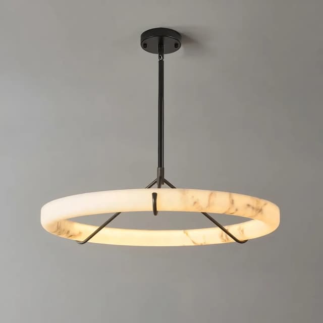 Modern faux alabaster halo chandelier with dark metal frame and warm glow