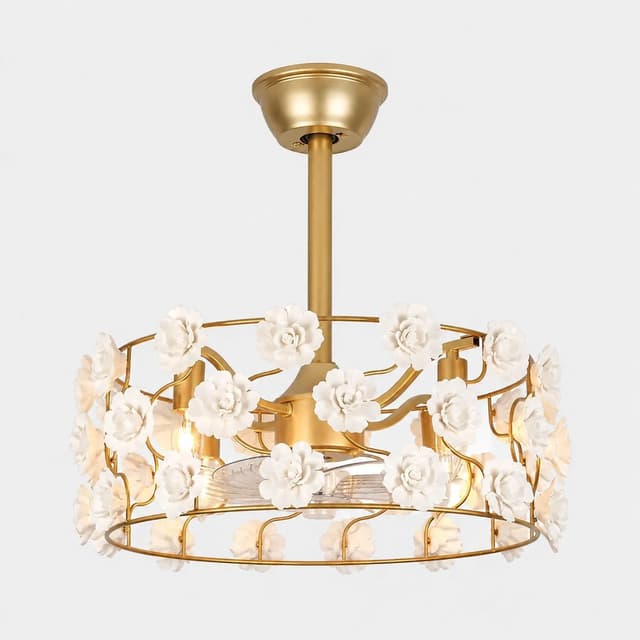 Gold flower chandelier ceiling fan with white ceramic accents and four E12 lights