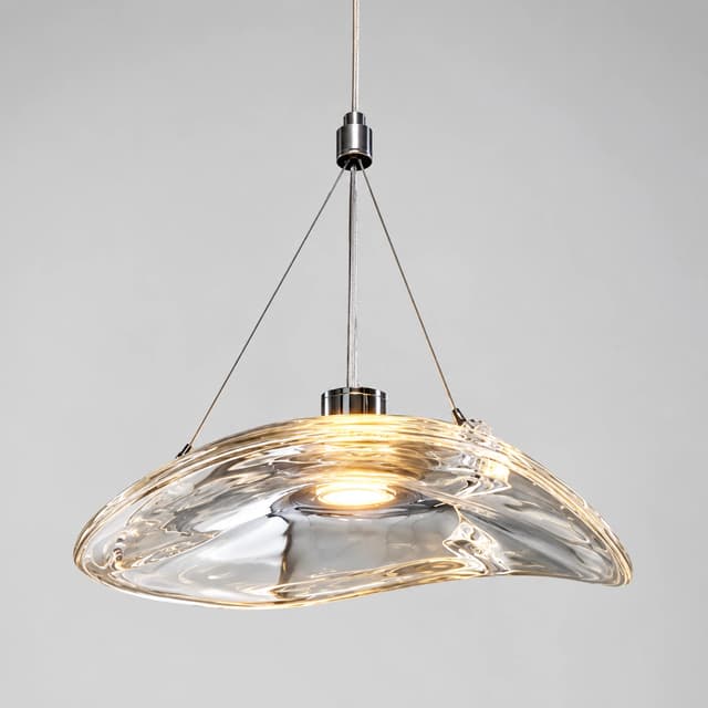 Organic clear glass pendant chandelier with a fluid rippled shade