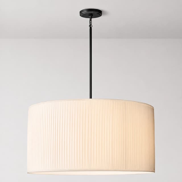 Large ivory pleated fabric drum pendant light with black metal suspension hardware