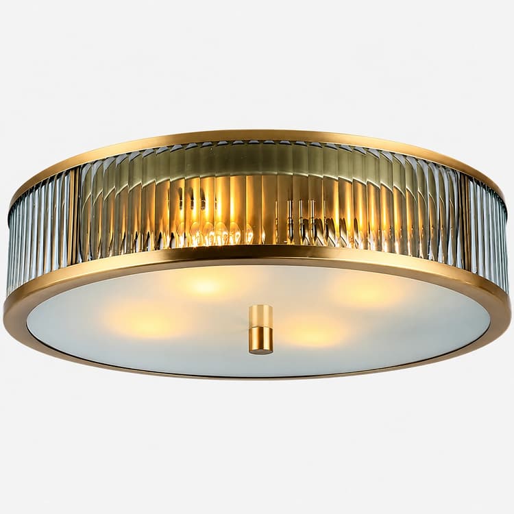 Art Deco copper fluted glass flush mount ceiling light with frosted glass bottom diffuser