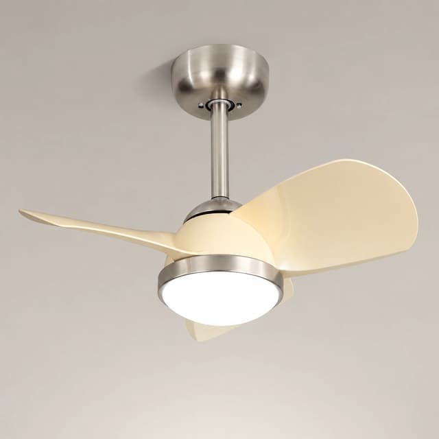 Modern sand nickel ceiling fan with light and ivory acrylic blades, close up view