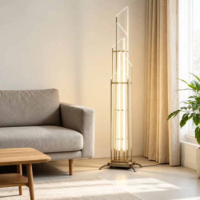 Tall geometric glass LED floor lamp creating warm accent lighting in a modern living room