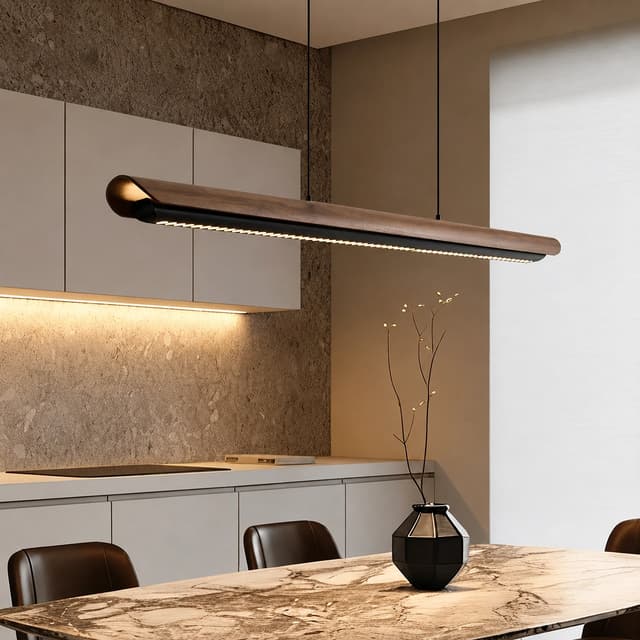 Walnut tone linear LED pendant light above a modern dining table