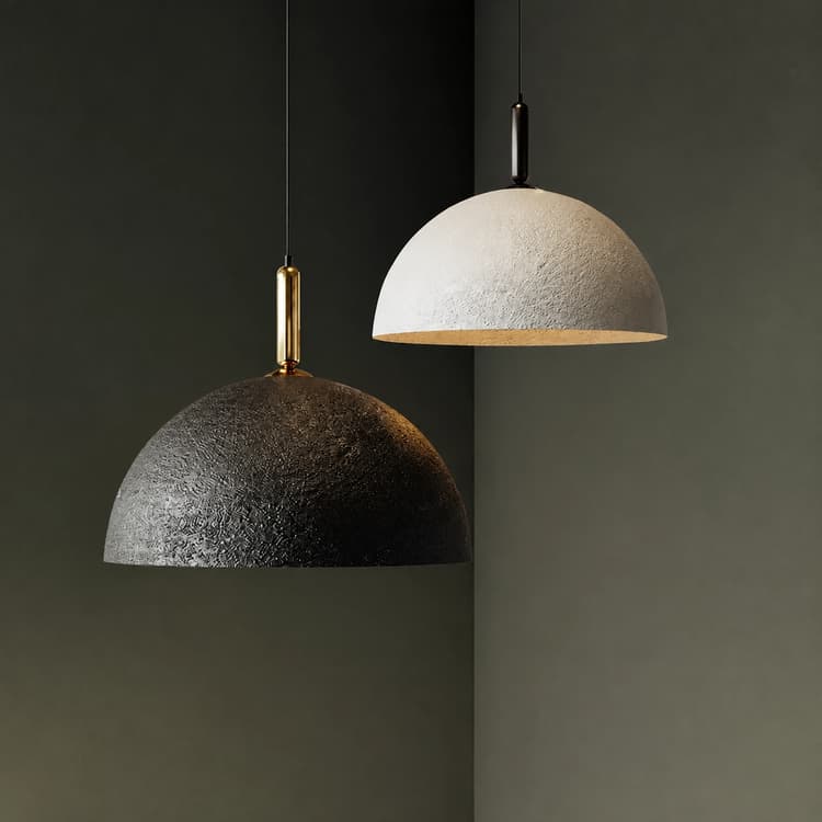 Black and white Wabi Sabi dome pendant lights with stone like textured shades