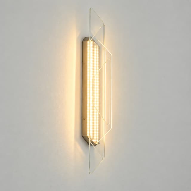 Slim geometric LED wall sconce with transparent glass panels and warm integrated light