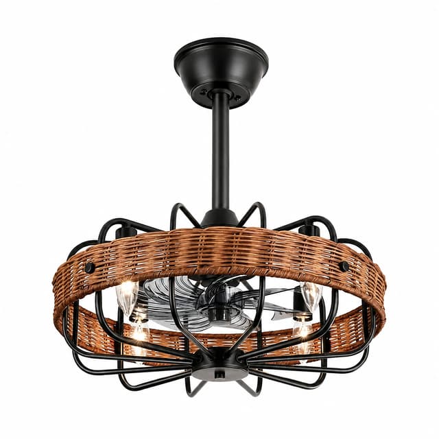 4 light rattan drum semi flush mount ceiling light on white background
