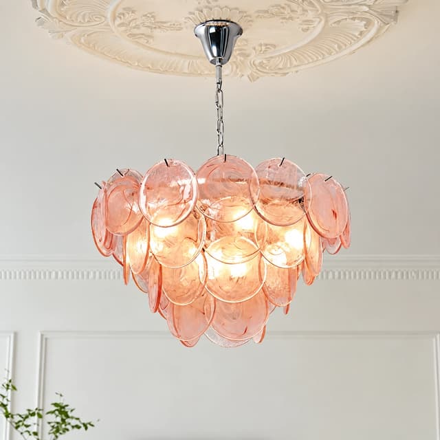 Pink translucent Murano glass chandelier with overlapping circular glass panels and chrome metal suspension