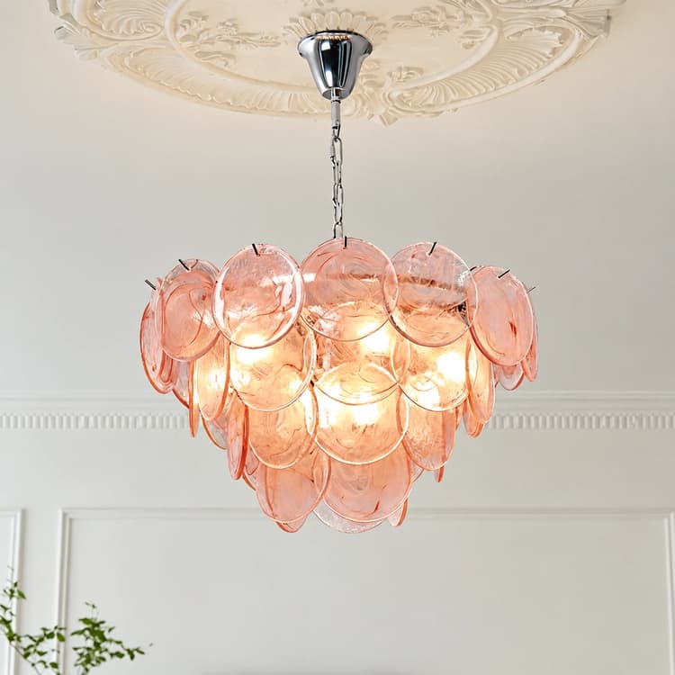 Pink translucent Murano glass chandelier with overlapping circular glass panels and chrome metal suspension
