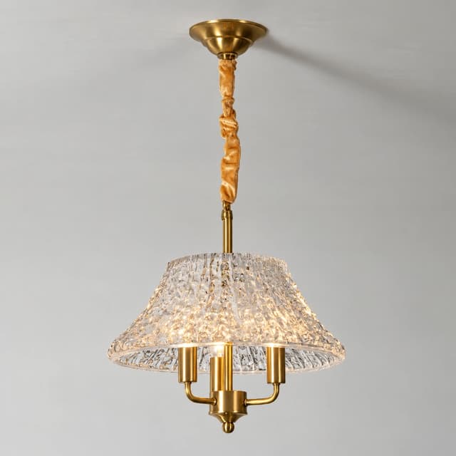 Illuminated Gold Glass Pendant Chandelier with Three Bulb Holders and Textured Shade