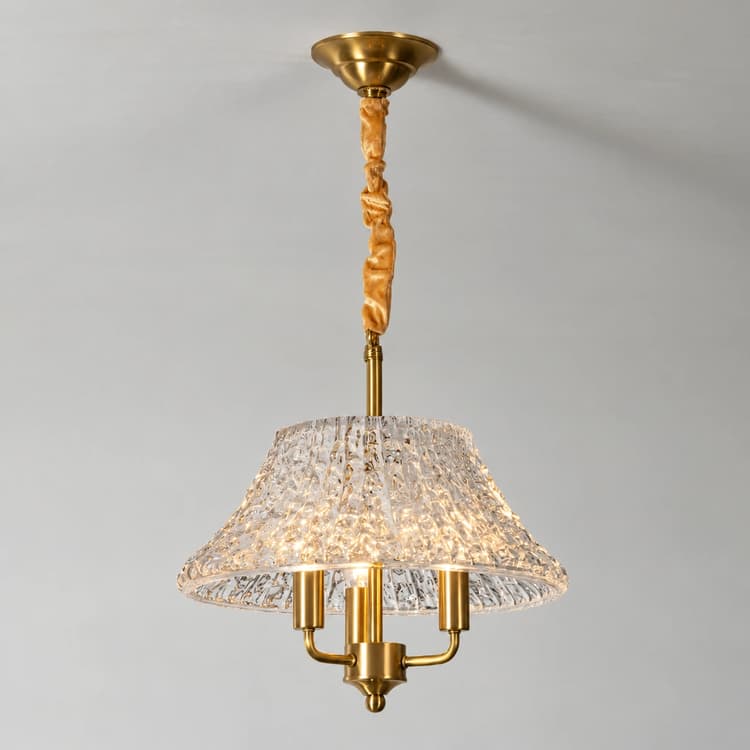 Illuminated Gold Glass Pendant Chandelier with Three Bulb Holders and Textured Shade