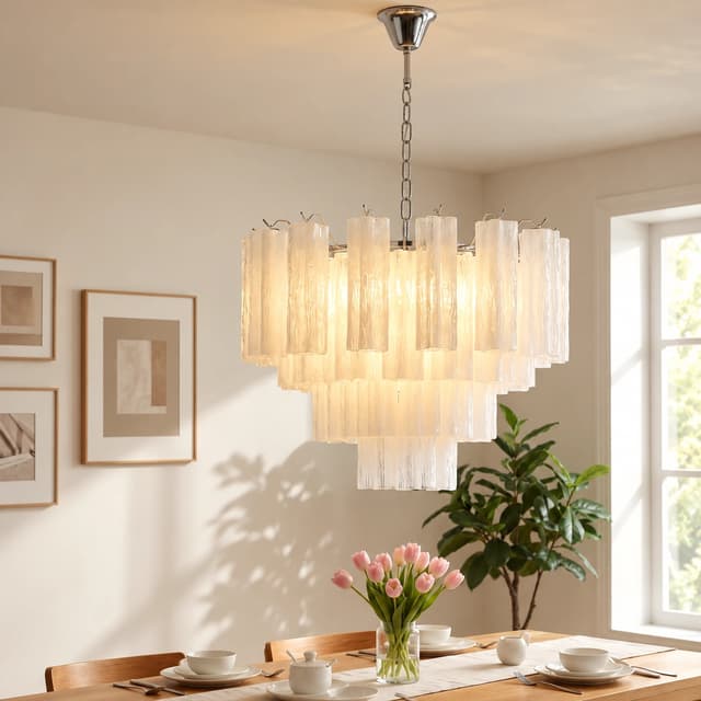 Cream textured glass chandelier above a dining table with natural daylight and contemporary interior decor