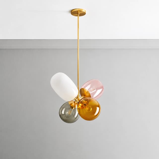 4 light multicolor glass chandelier with gold tone rod and clustered pink, amber, smoke gray and white shades
