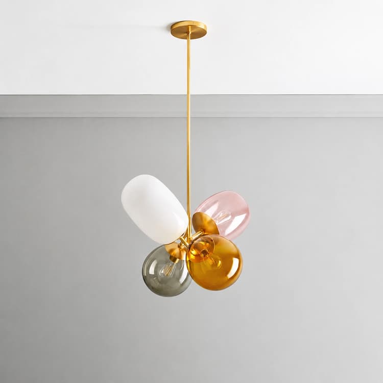 4 light multicolor glass chandelier with gold tone rod and clustered pink, amber, smoke gray and white shades