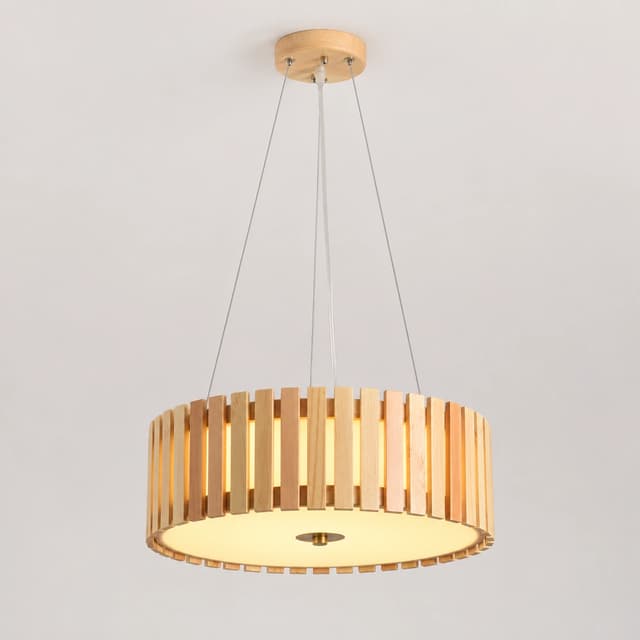 Natural wooden slat drum pendant chandelier with cable suspension and frosted diffuser