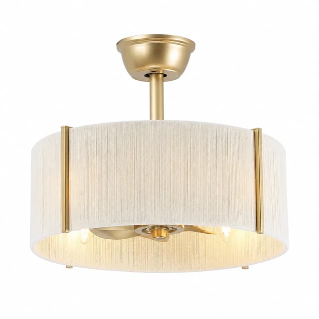 Modern gold drum shade ceiling fan with white fabric shade and integrated lighting
