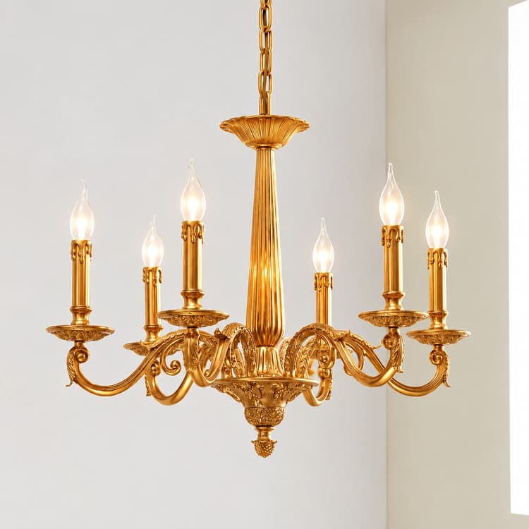 Front view of an ornate gold chandelier with symmetrical candle style lights and European traditional detailing