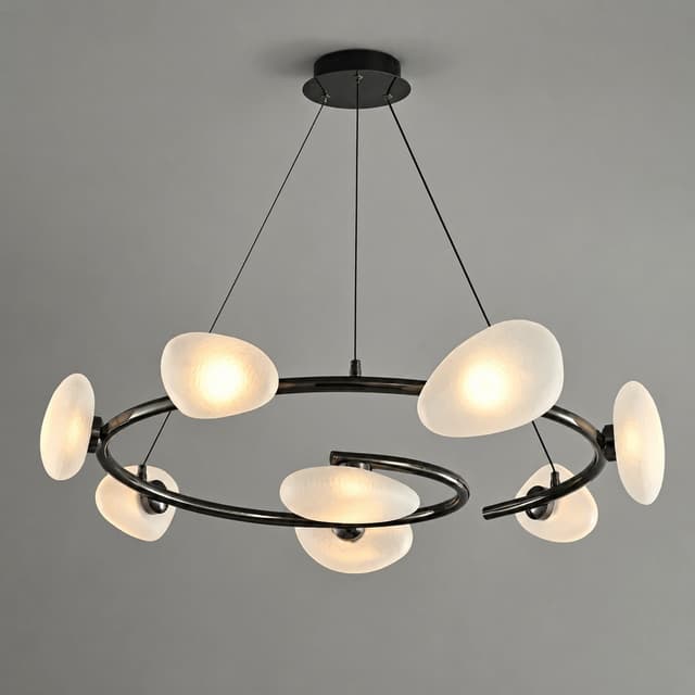 Modern black ring chandelier with organic frosted textured glass shades