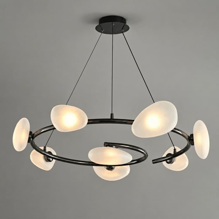 Modern black ring chandelier with organic frosted textured glass shades