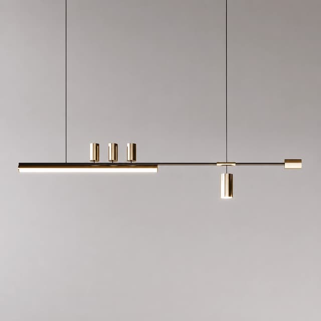 Full view of minimalist black and gold linear LED pendant with asymmetric bar design and cylindrical spotlights