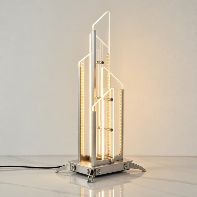 Modern geometric glass LED table lamp with warm integrated lighting and a sculptural brushed metal frame