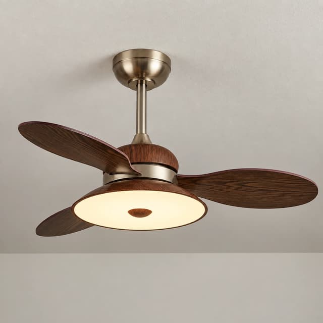 Modern wood look ceiling fan with integrated LED light mounted on a white ceiling, viewed from below with three visible blades