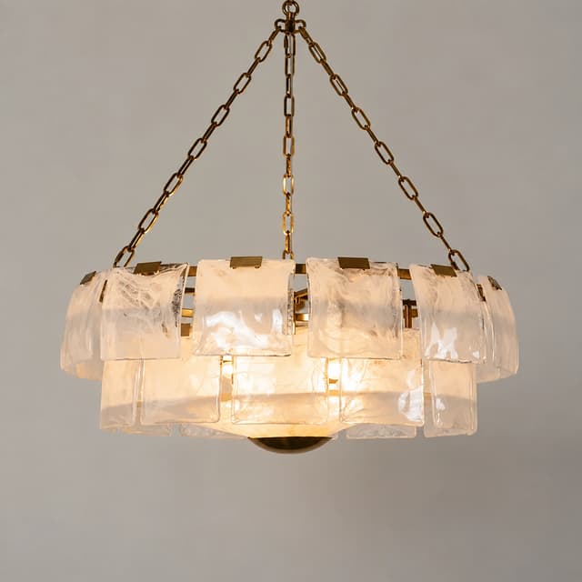 Front view of a gold metal and translucent textured glass chandelier with layered rectangular panels