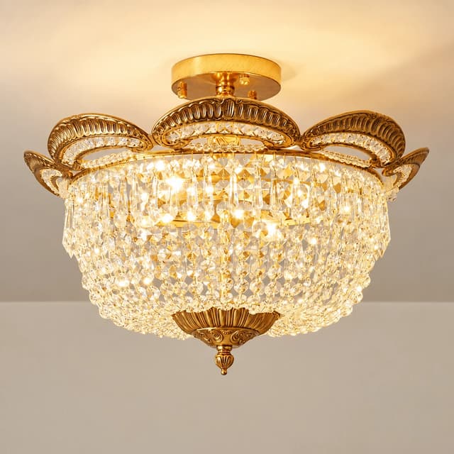 French Rococo crystal flush mount ceiling light with a rich gold copper frame and cascading faceted crystal strands