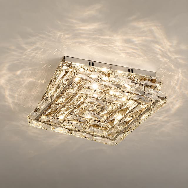 Modern square crystal flush mount ceiling light creating sparkling reflections across a contemporary ceiling