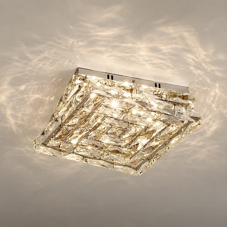 Modern square crystal flush mount ceiling light creating sparkling reflections across a contemporary ceiling