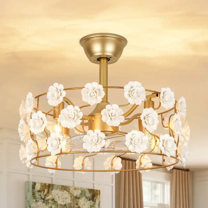 Hushwing 20" Floral Ceramic Fandelier - Gold Ceiling Fan Light