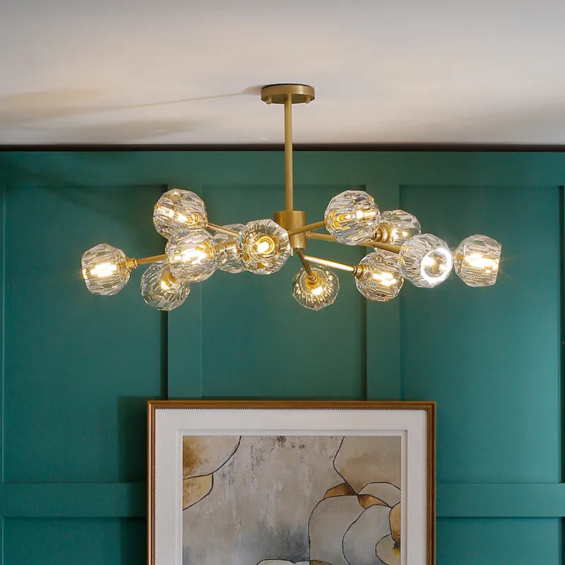 Modern Brass Crystal Sputnik Chandelier | Luxury Multi Light Fan