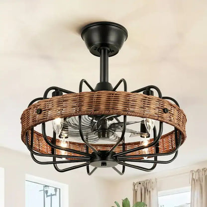 Rattan Ceiling Fan Chandelier | Boho Vintage Cage Fandolier