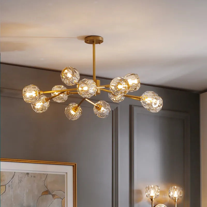 Modern Brass Crystal Sputnik Chandelier | Luxury Multi Light Fan