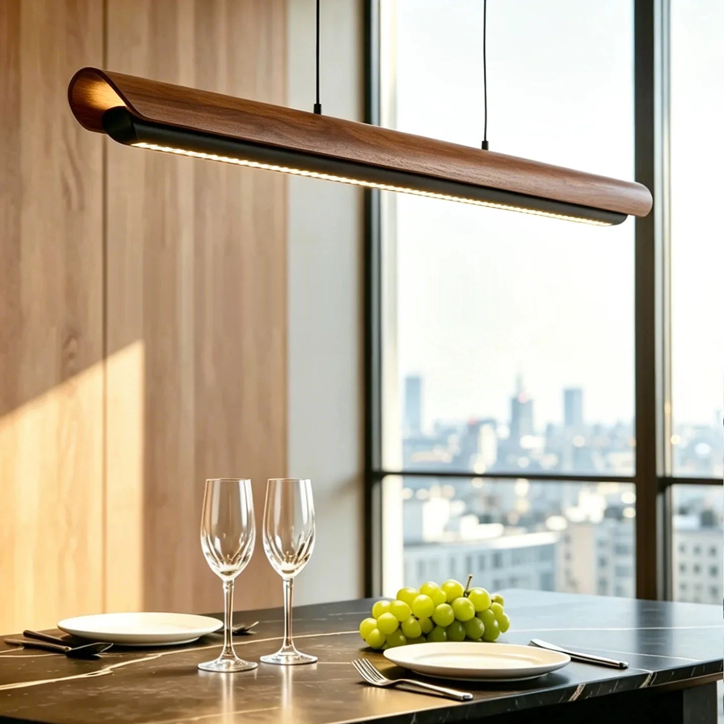 Organic Modern Walnut Linear Pendant Light - Minimalist Black LED Island Chandeliers