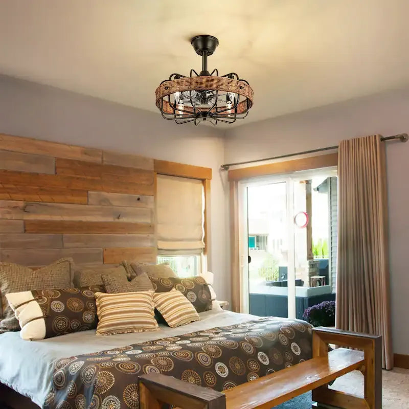Rattan Ceiling Fan Chandelier | Boho Vintage Cage Fandolier