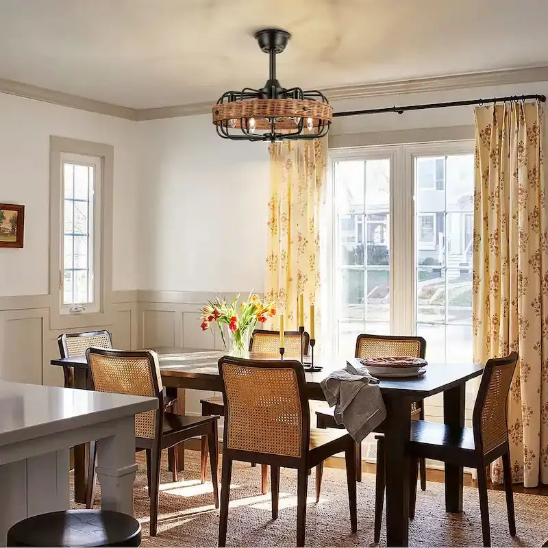 Rattan Ceiling Fan Chandelier | Boho Vintage Cage Fandolier