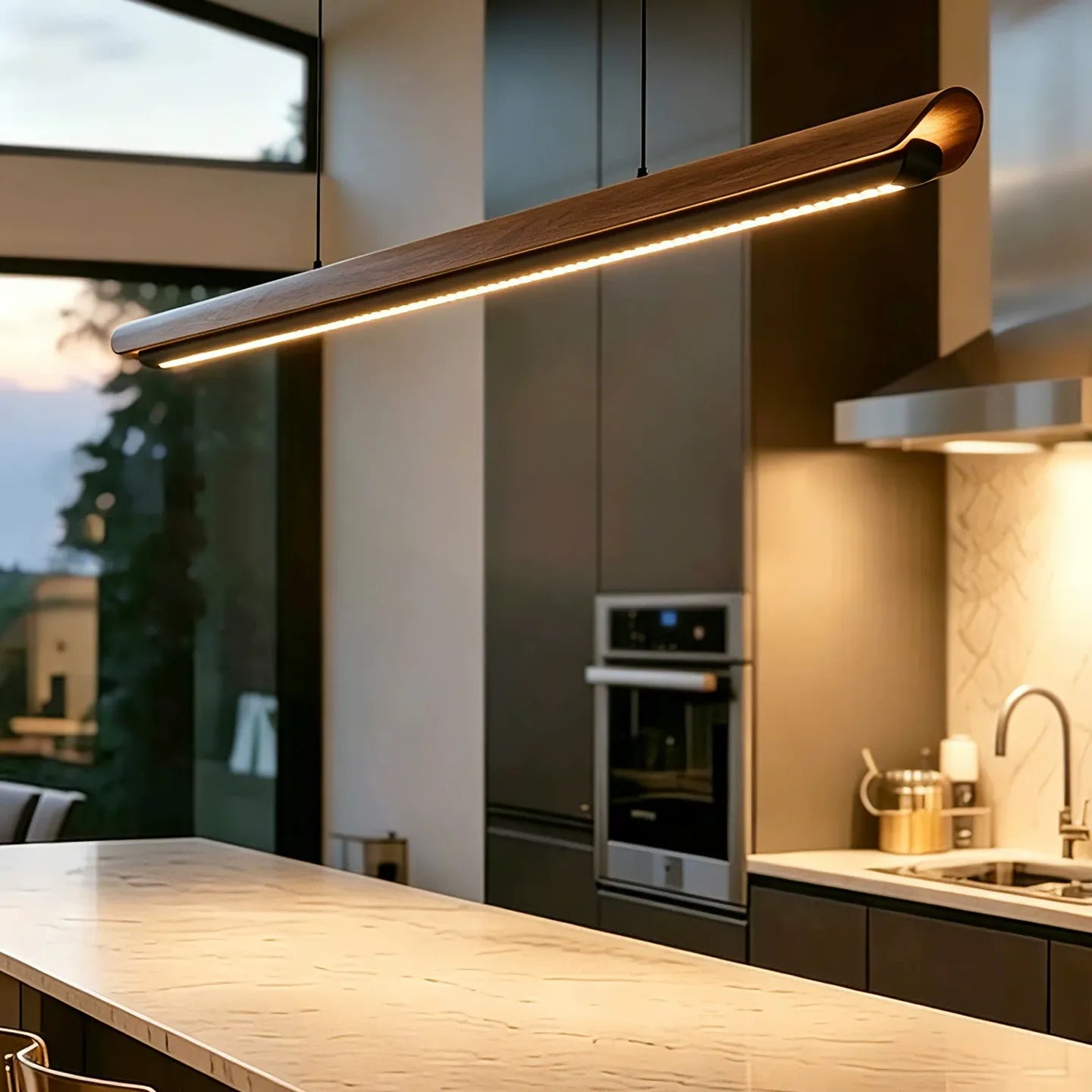 Organic Modern Walnut Linear Pendant Light - Minimalist Black LED Island Chandeliers