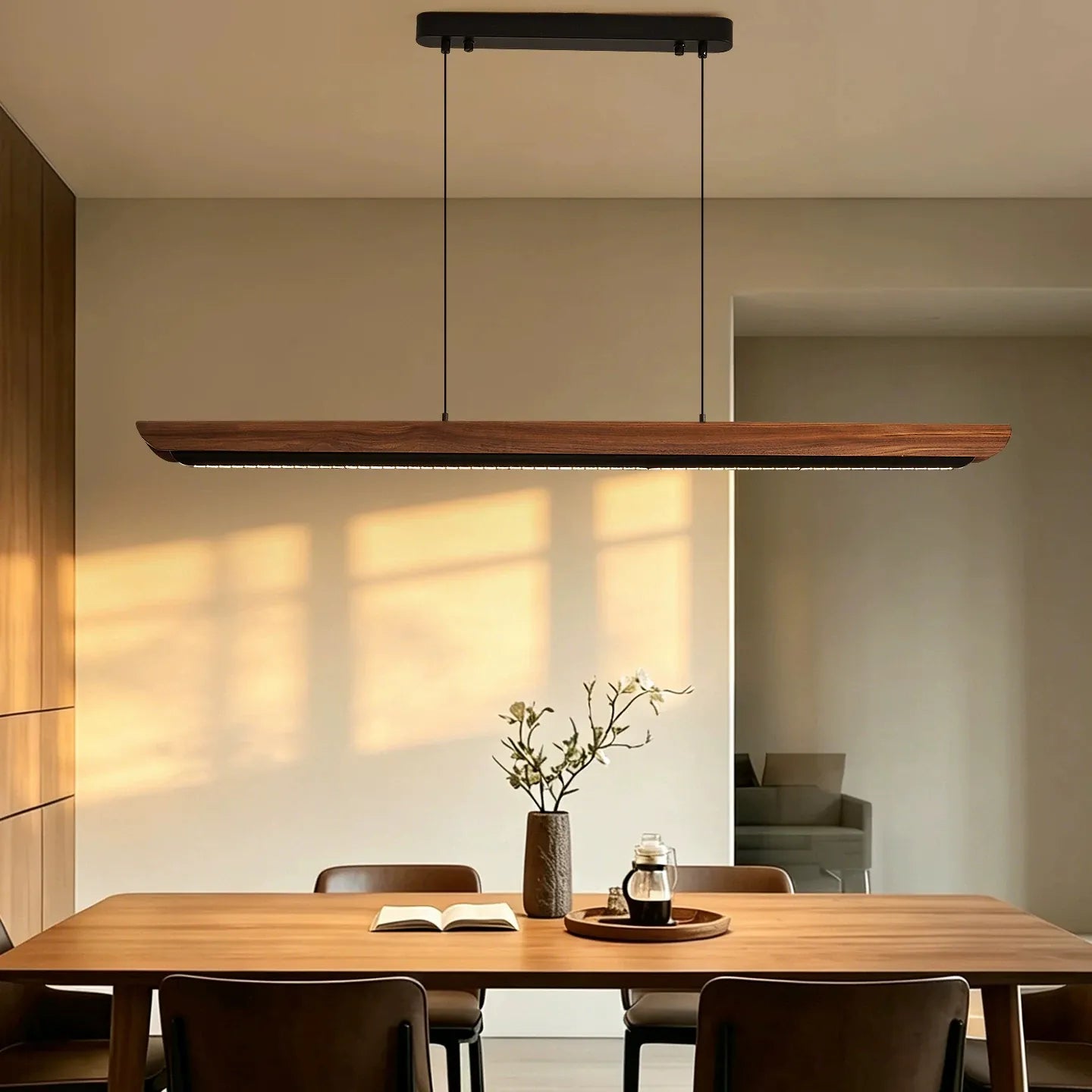 Organic Modern Walnut Linear Pendant Light - Minimalist Black LED Island Chandeliers